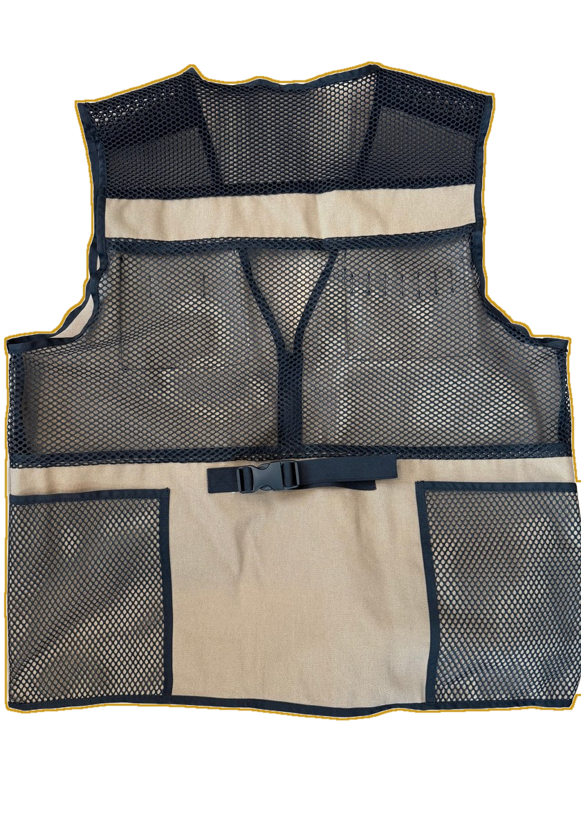 Actual InspectorVest back, flat-lay: full black mesh back panel with tan trim and a black quick-release waist strap
